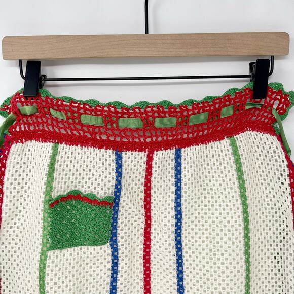 Vintage Off-White w/Red Blue Green Stripes Hand Crochet Green Pocket Half Apron‎ - Picture 2 of 6